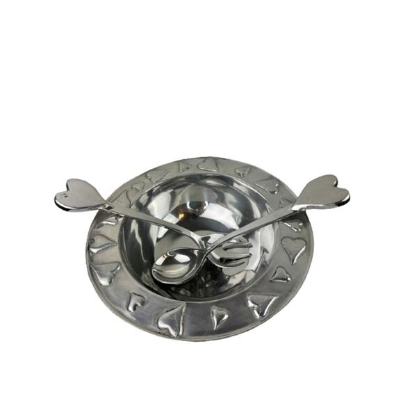 Mexico Silver Salad Bowl Stainless Steel Hearts Spoon Fork Serveware Set RARE - Picture 1 of 11